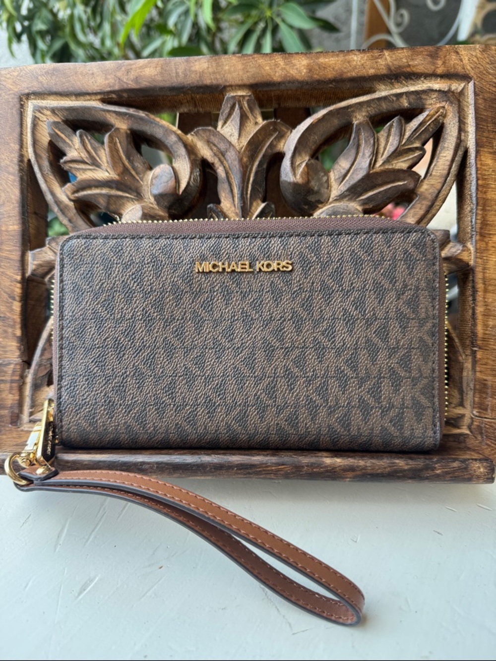 Michael Kors Brown and Black Signature Zip Wristlet Wallet